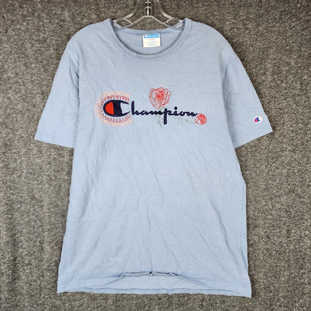 Champion T-Shirt Mens Large Light Blue Embroidered Rose Floral Logo GT19 AUCB